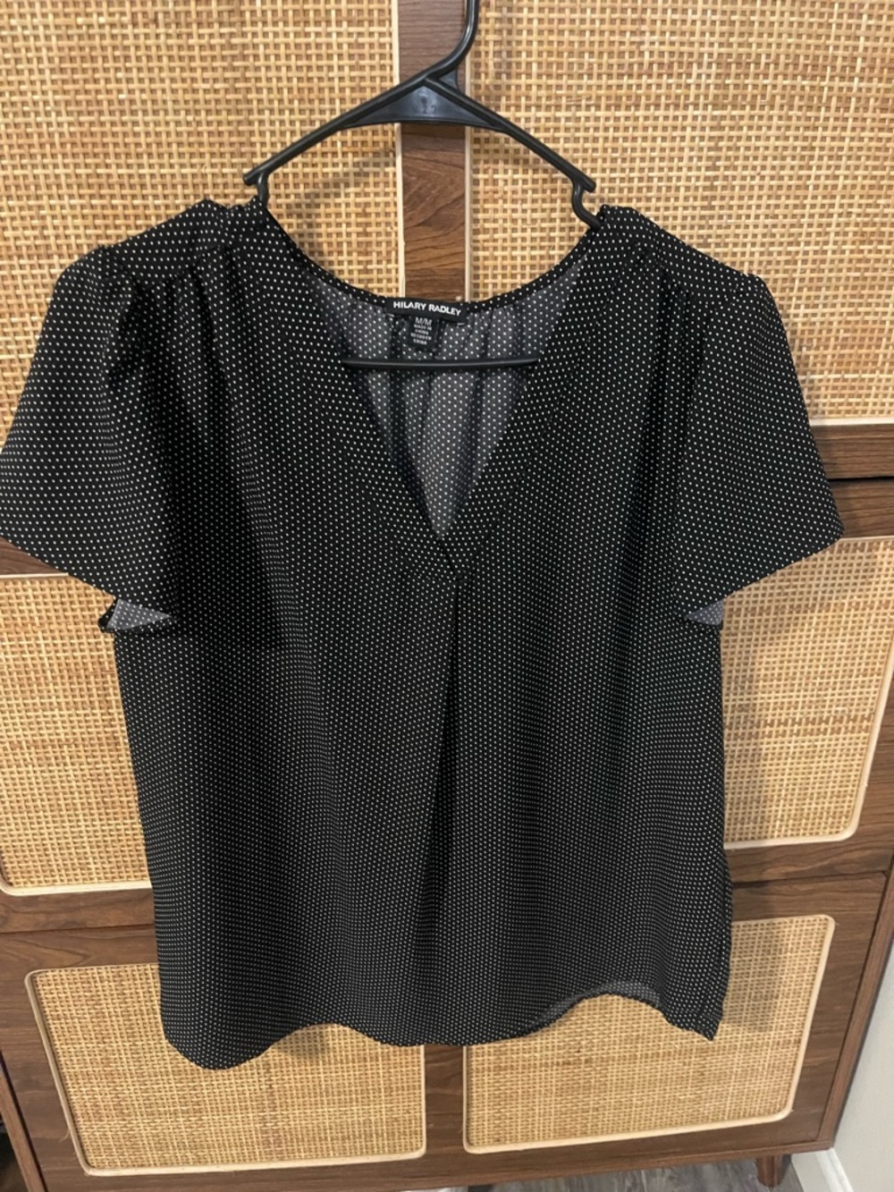Hilary Radley Black with White Microdot V-Neck Short Sleeve Blouse